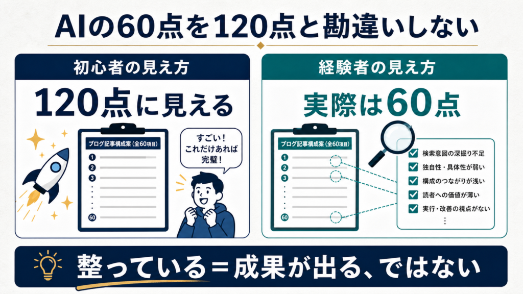 ブログ初心者がAIの60点の案を120点だと勘違いして失敗しやすいことを示す図解