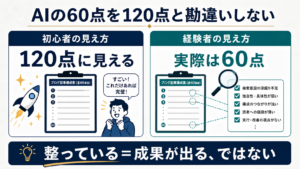 ブログ初心者がAIの60点の案を120点だと勘違いして失敗しやすいことを示す図解