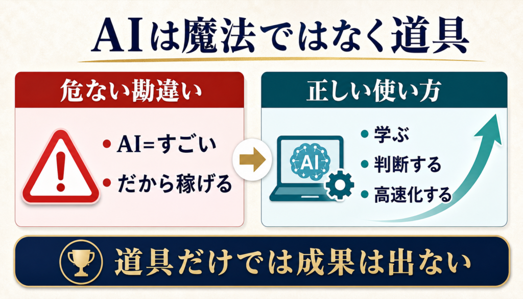 AIアフィリエイトは魔法ではなく、正しいやり方を高速化する道具であることを示す図解
