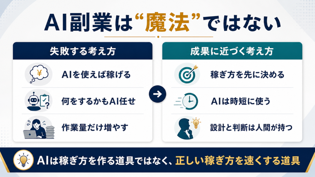 AI副業は魔法ではなく、正しい稼ぎ方を速くする道具であることを示す図解