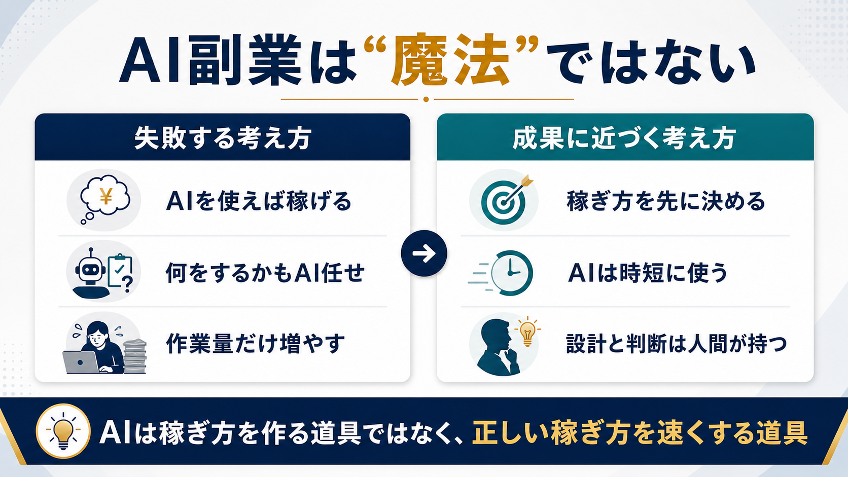 AI副業は魔法ではなく、正しい稼ぎ方を速くする道具であることを示す図解