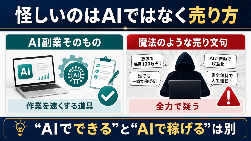 AI副業そのものではなくAIを魔法のように売る言葉が怪しいことを示す図解