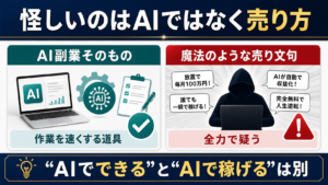 AI副業そのものではなくAIを魔法のように売る言葉が怪しいことを示す図解