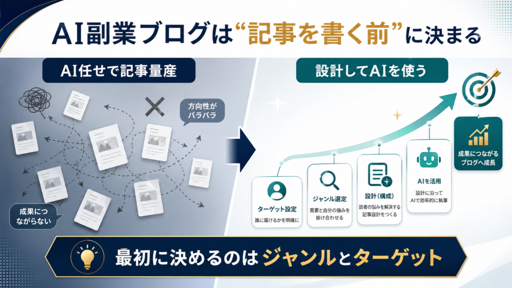 AI副業でブログを始めるなら記事を書く前にジャンルとターゲットを設計することが重要だと示す図解