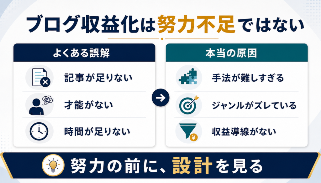 ブログ収益化が難しい理由は努力不足ではなく設計ミスにあることを示す図解