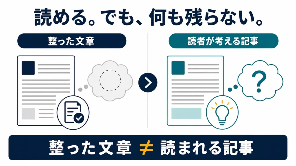 整っているだけで何も残らない文章と、読者が立ち止まって考える記事の違いを示す図解