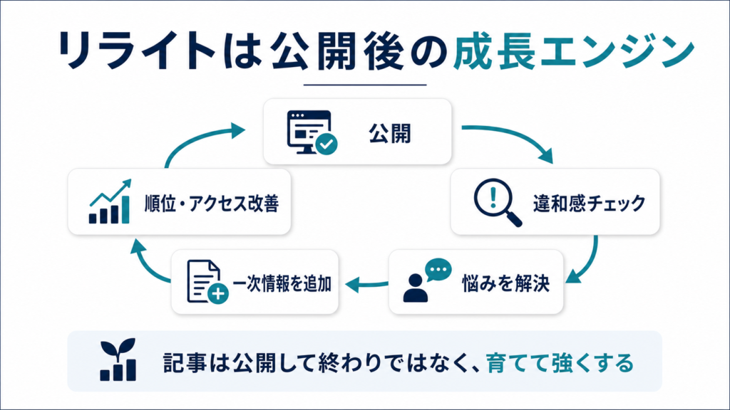 ブログリライトは公開後の成長エンジンであり、公開、違和感チェック、悩みの解決、一次情報追加、順位アクセス改善の流れで記事を育てる図