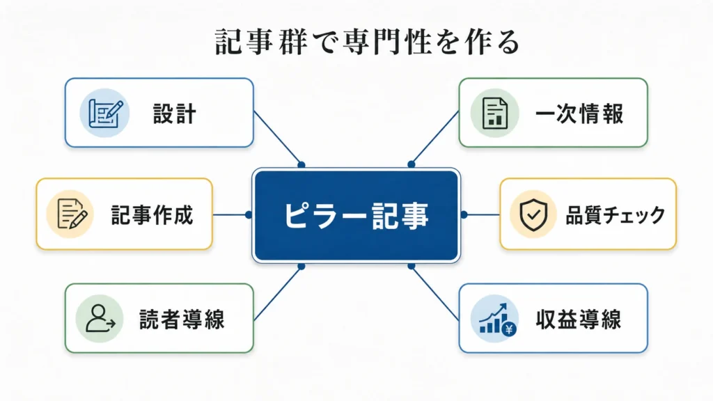 トピッククラスターはピラー記事を中心に、設計、一次情報、記事作成、品質チェック、読者導線、収益導線を記事群でつなぐ図解