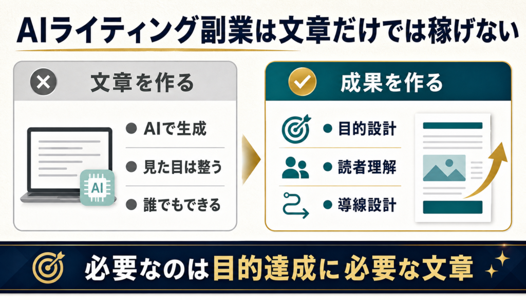 AIライティング副業は文章を書けるだけでは稼げず、目的達成に必要な文章を作る力が必要であることを示す図解