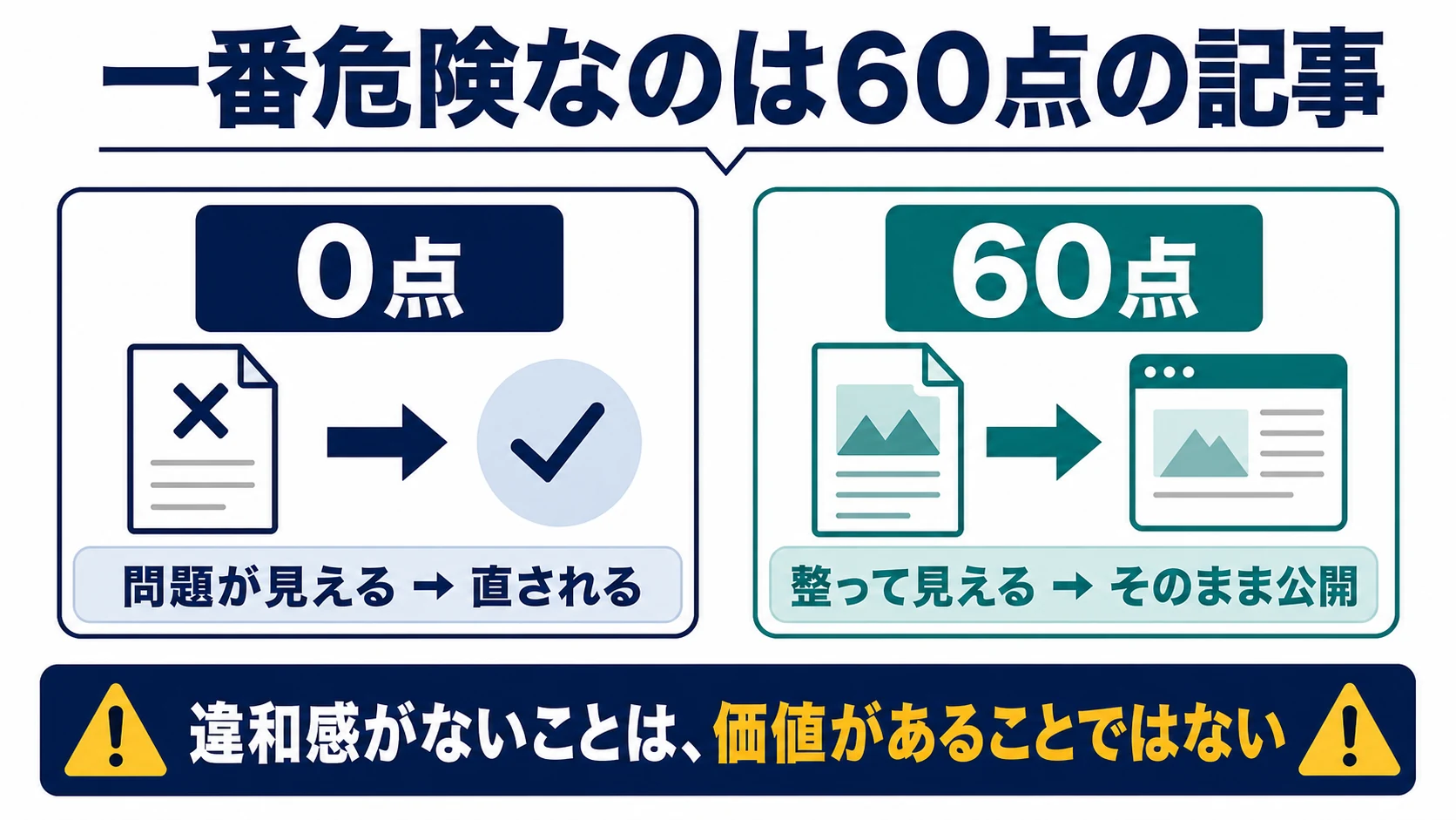 問題が見える0点の記事は直される一方、整って見える60点の記事はそのまま公開されやすいことを示す図解