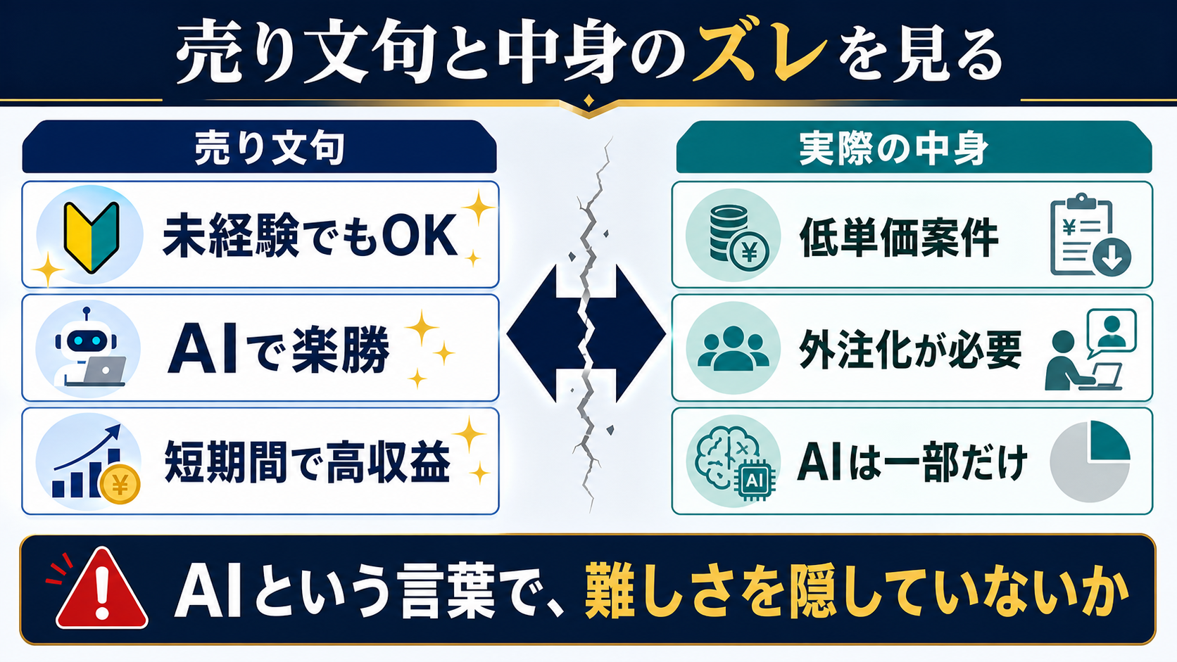 怪しいAI副業の売り文句と実際の中身のズレを示す図解