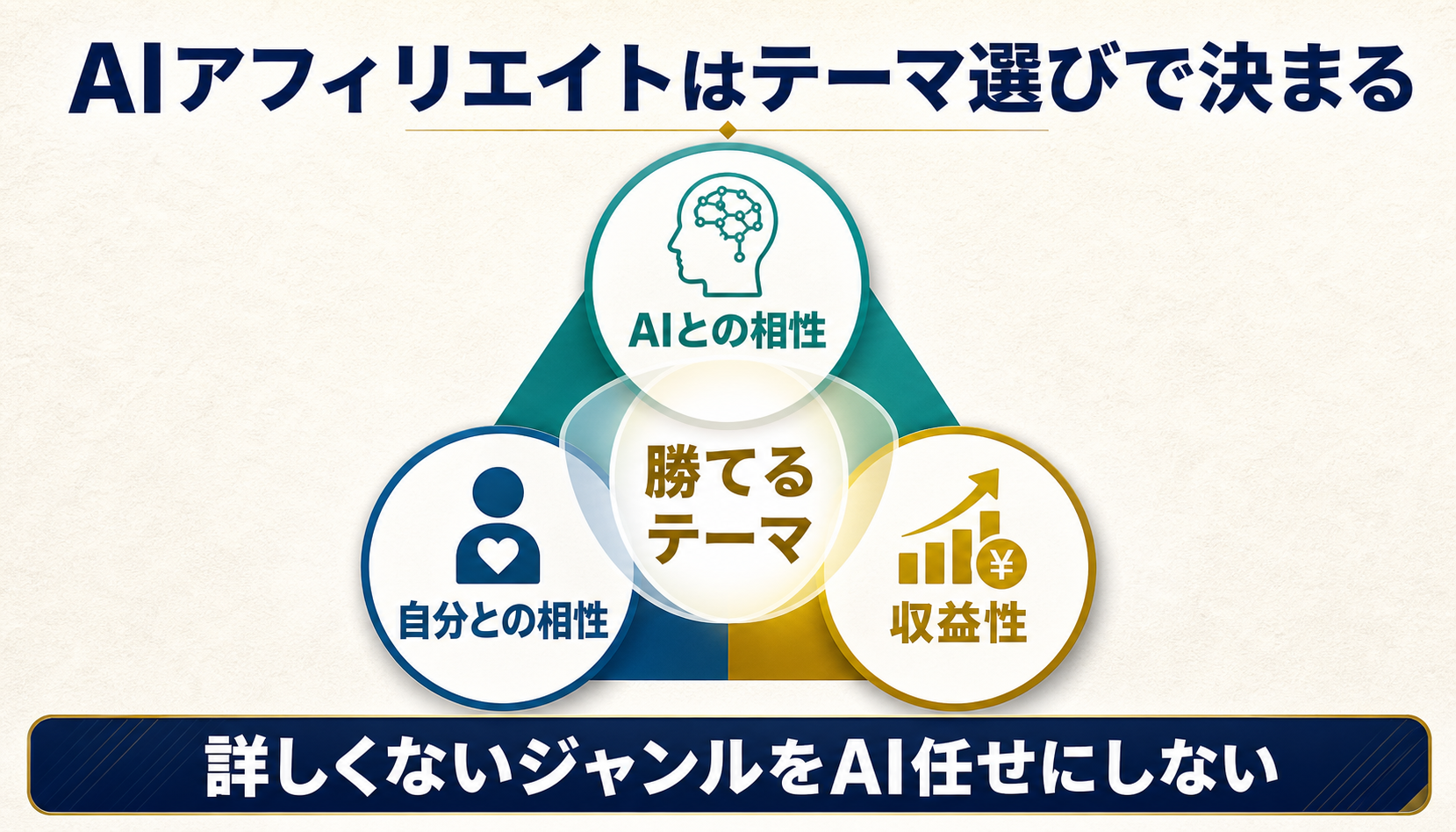 AIアフィリエイトで選ぶべきテーマはAIとの相性、自分との相性、収益性のバランスで決めることを示す図解