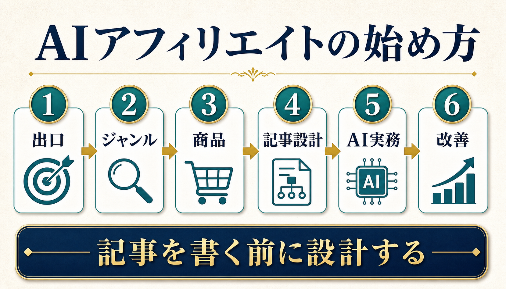 AIアフィリエイトのやり方を収益化の出口、ジャンル、商品、記事設計、AI実務、改善の順番で示す図解
