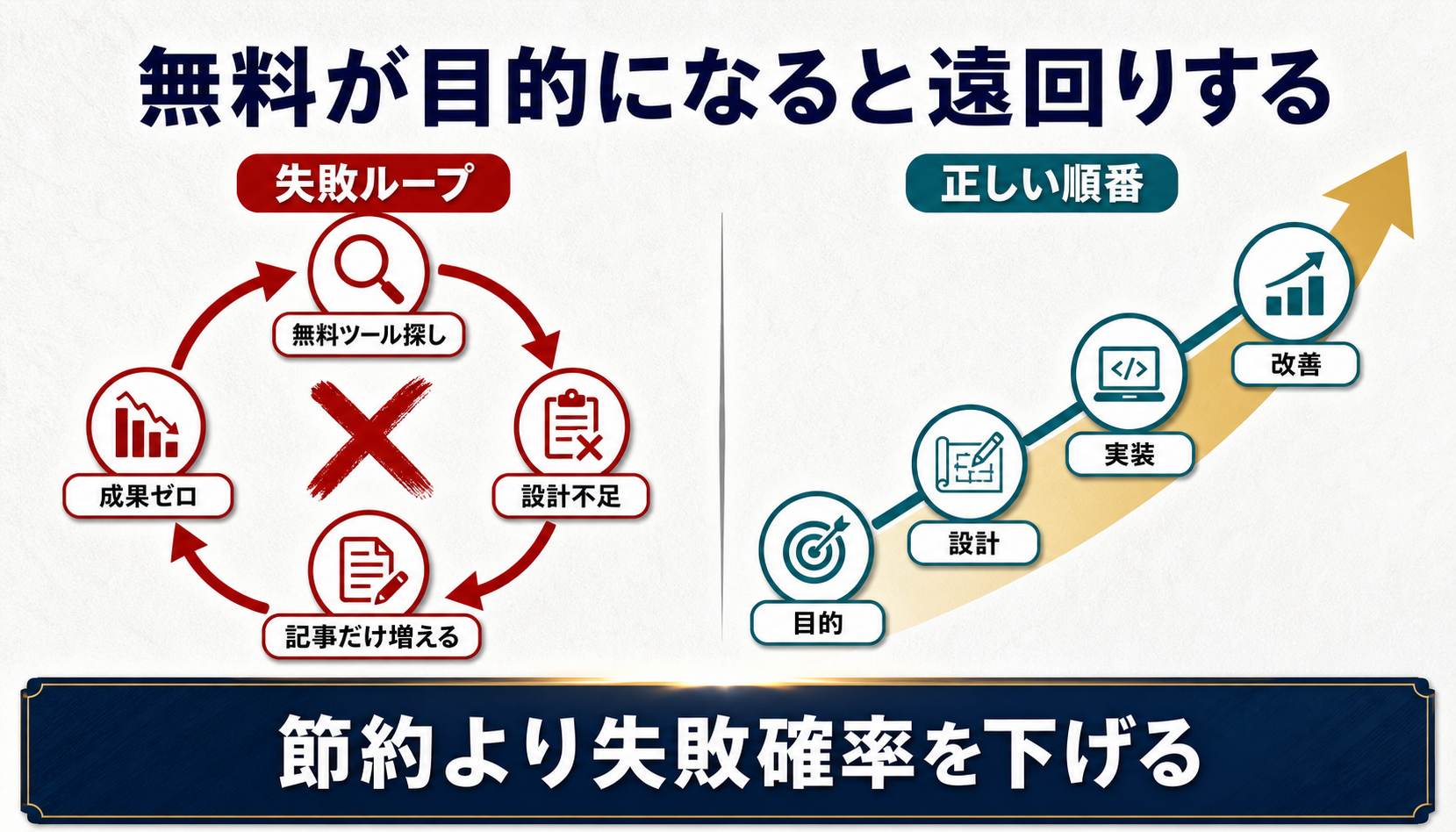 AIブログ作成で無料にこだわりすぎると目的が成果から節約にズレる失敗ループの図解