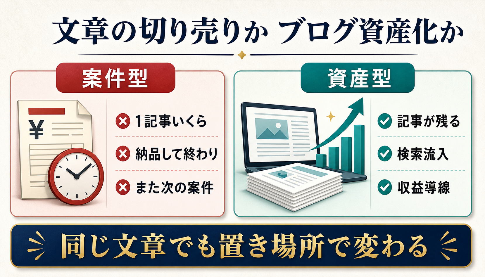 AIライティング案件で文章を切り売りする働き方と、ブログ記事を資産化する考え方の違いを示す図解