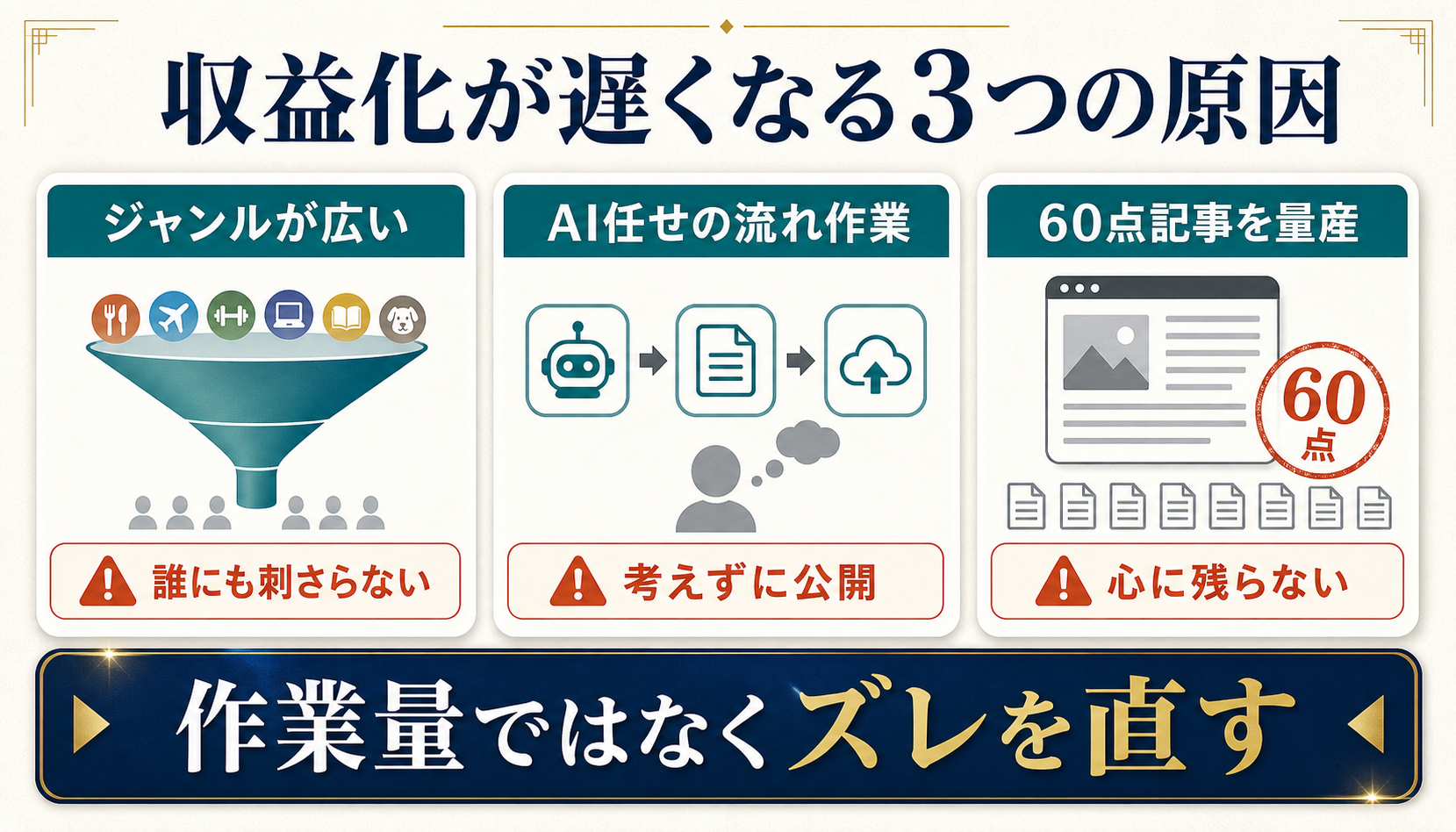 ブログ収益化が遅い人は設計ミスやAI任せの流れ作業で記事を増やしてしまうことを示す図解