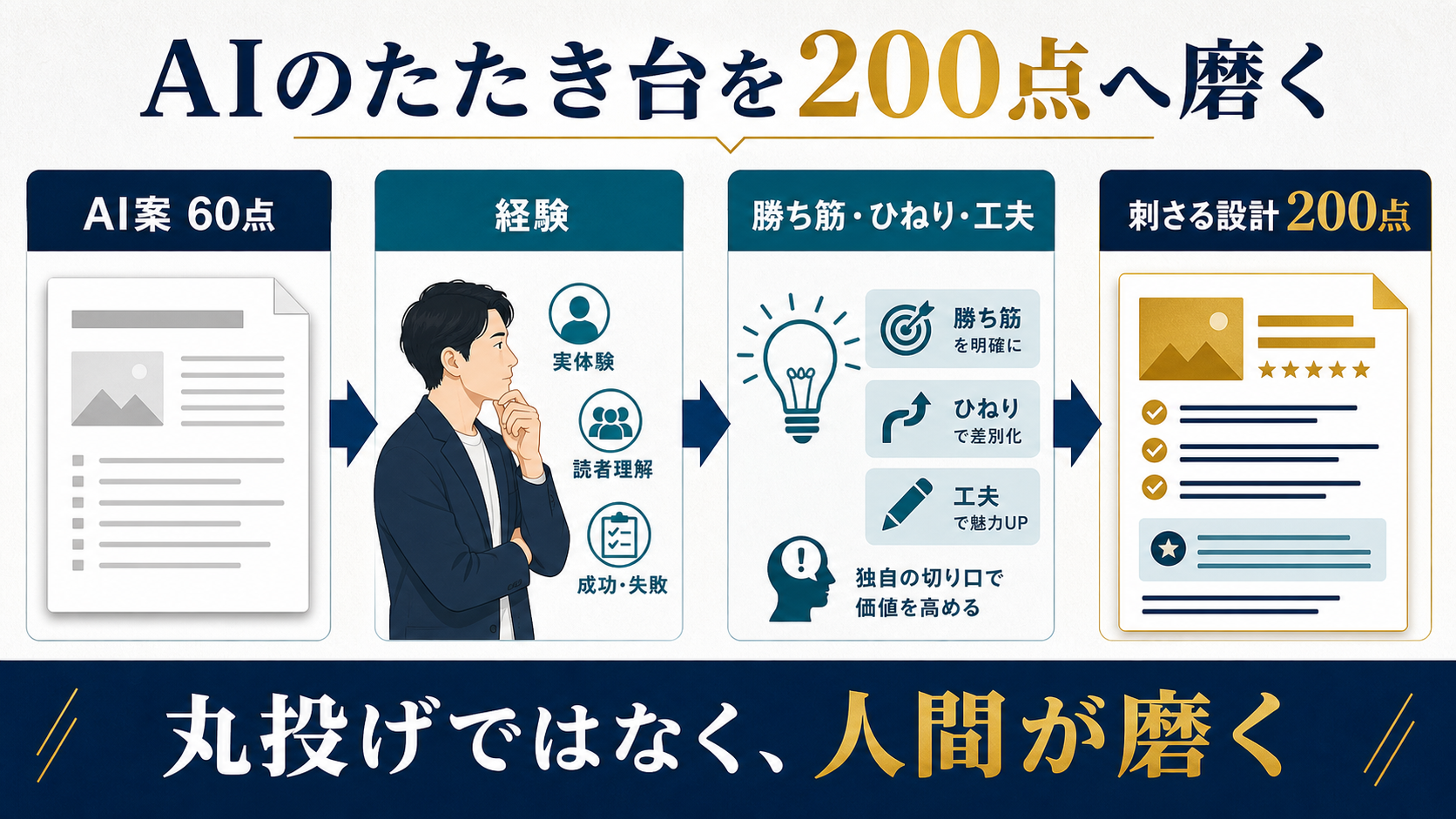 AIの60点のたたき台を人間の経験と判断で200点に磨く流れを示す図解