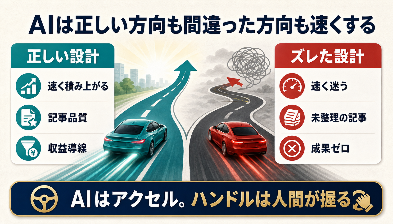 AI時代は正しいブログ作成も設計ミスの積み上げも速くなることを示す図解