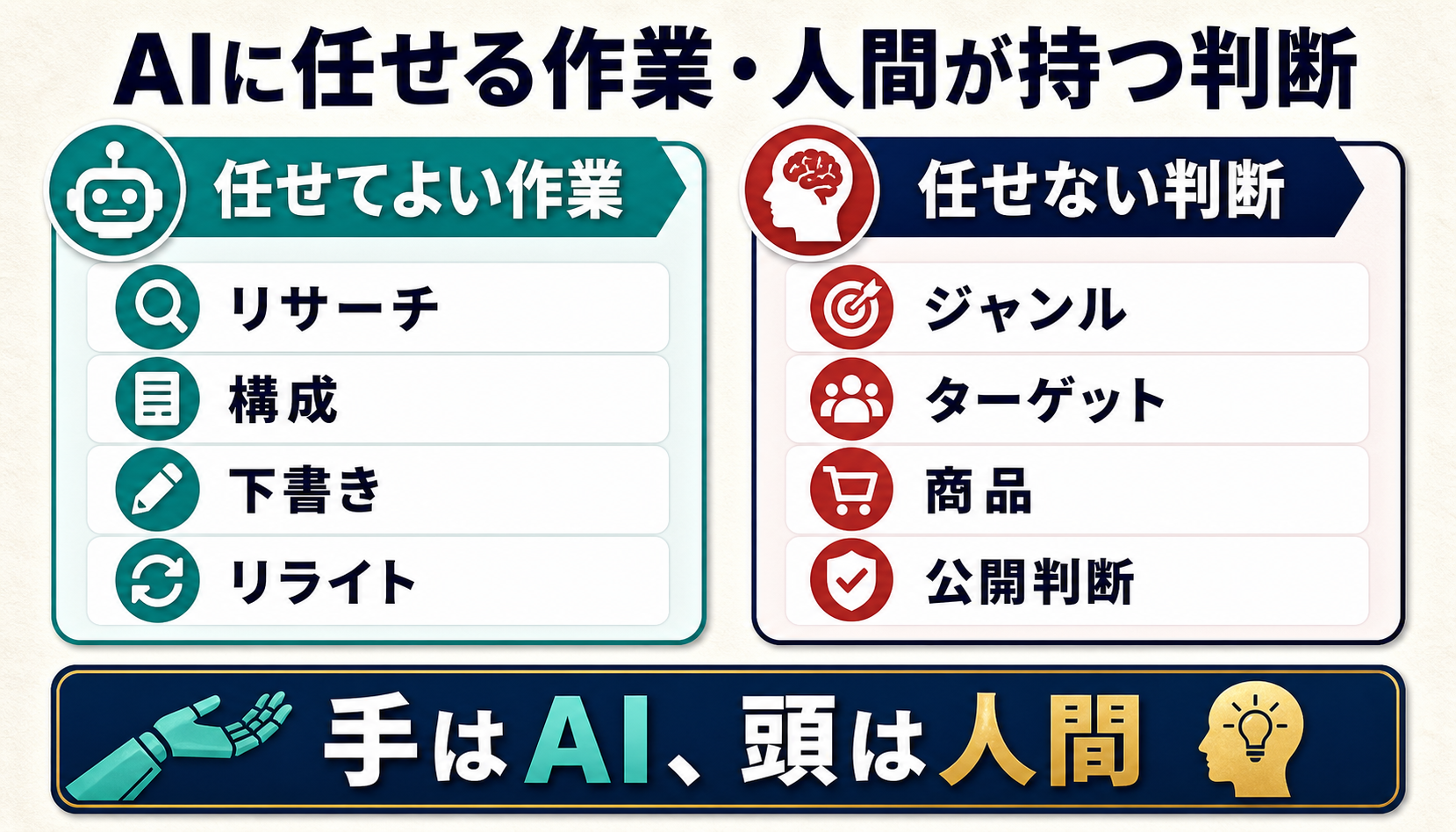 AIに任せてよい作業と人間が判断すべきことを分けて示す図解