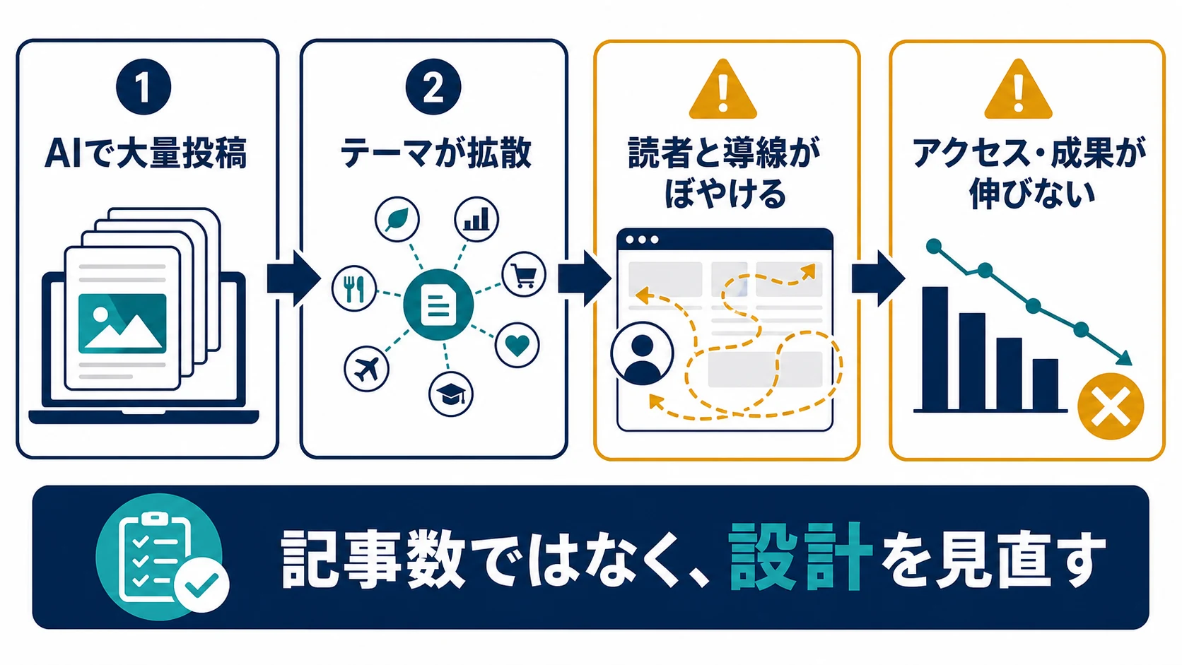 AIで大量投稿するとテーマが拡散し、読者導線がぼやけ、アクセスや成果が伸びなくなる失敗ルートの図解