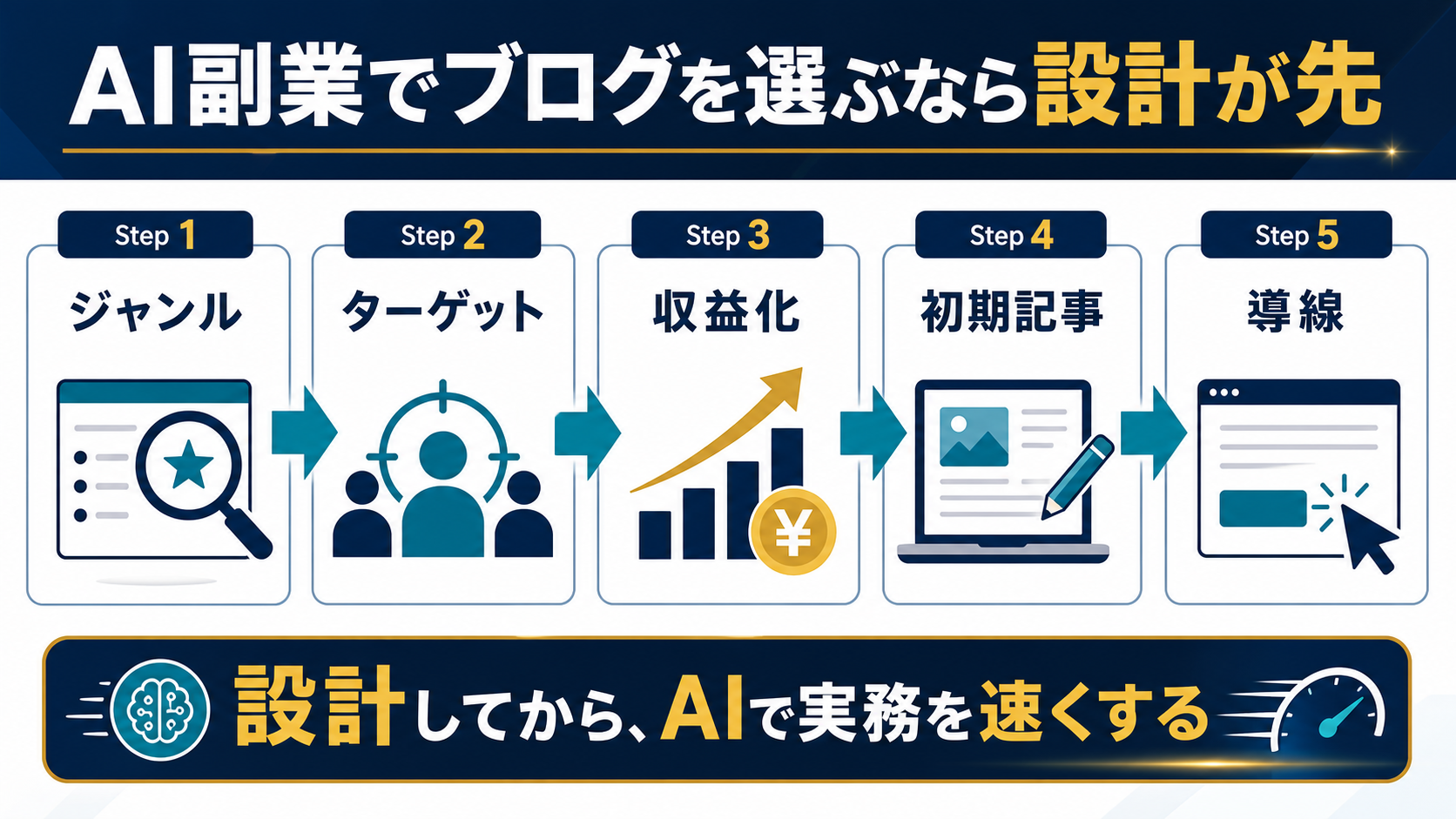 AI副業としてブログを始めるなら設計を先に決めてAIで実務を速くする流れを示す図解