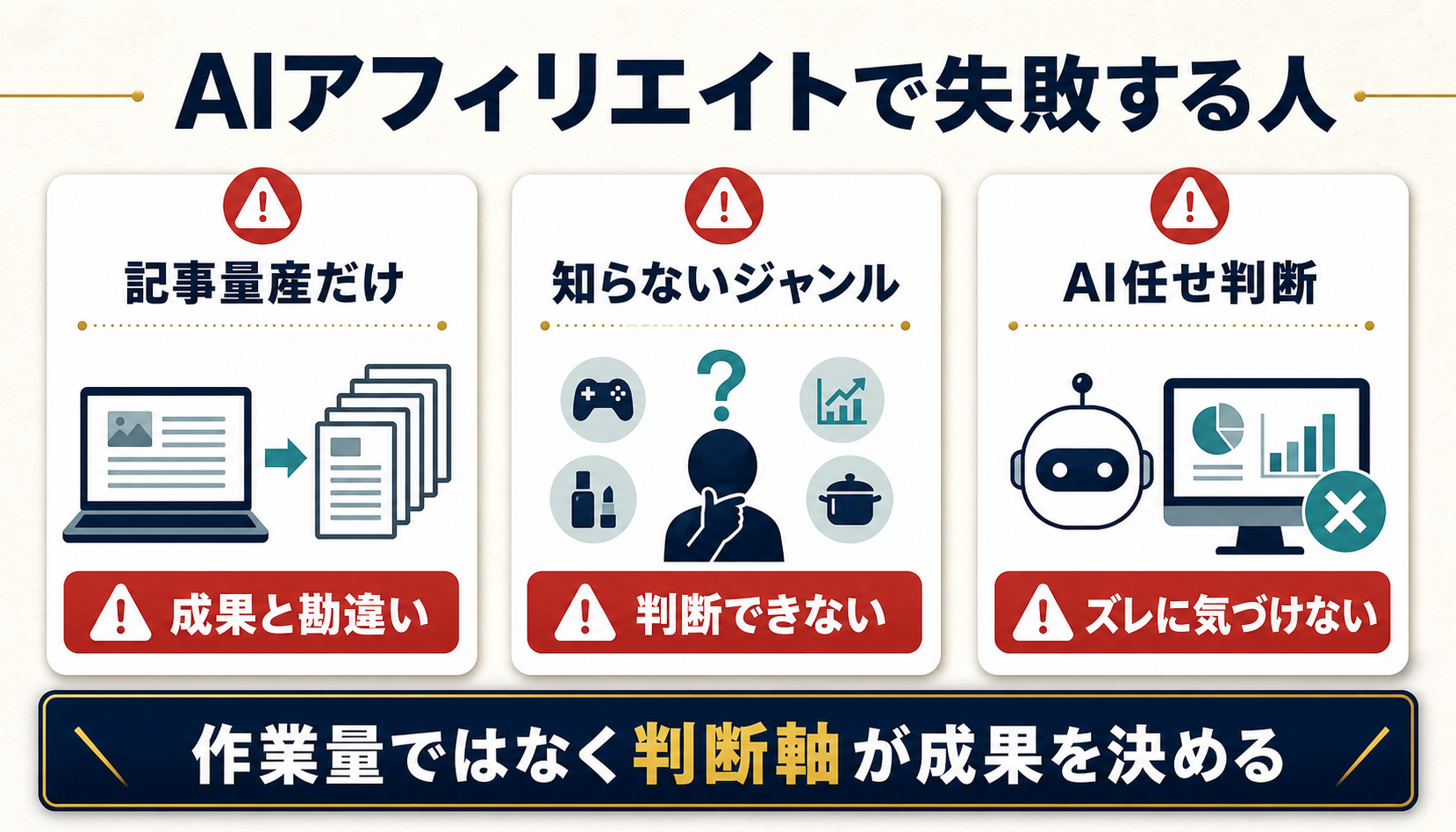 AIアフィリエイトで失敗する人は記事量産、知らないジャンル、AI任せの判断で遠回りすることを示す図解