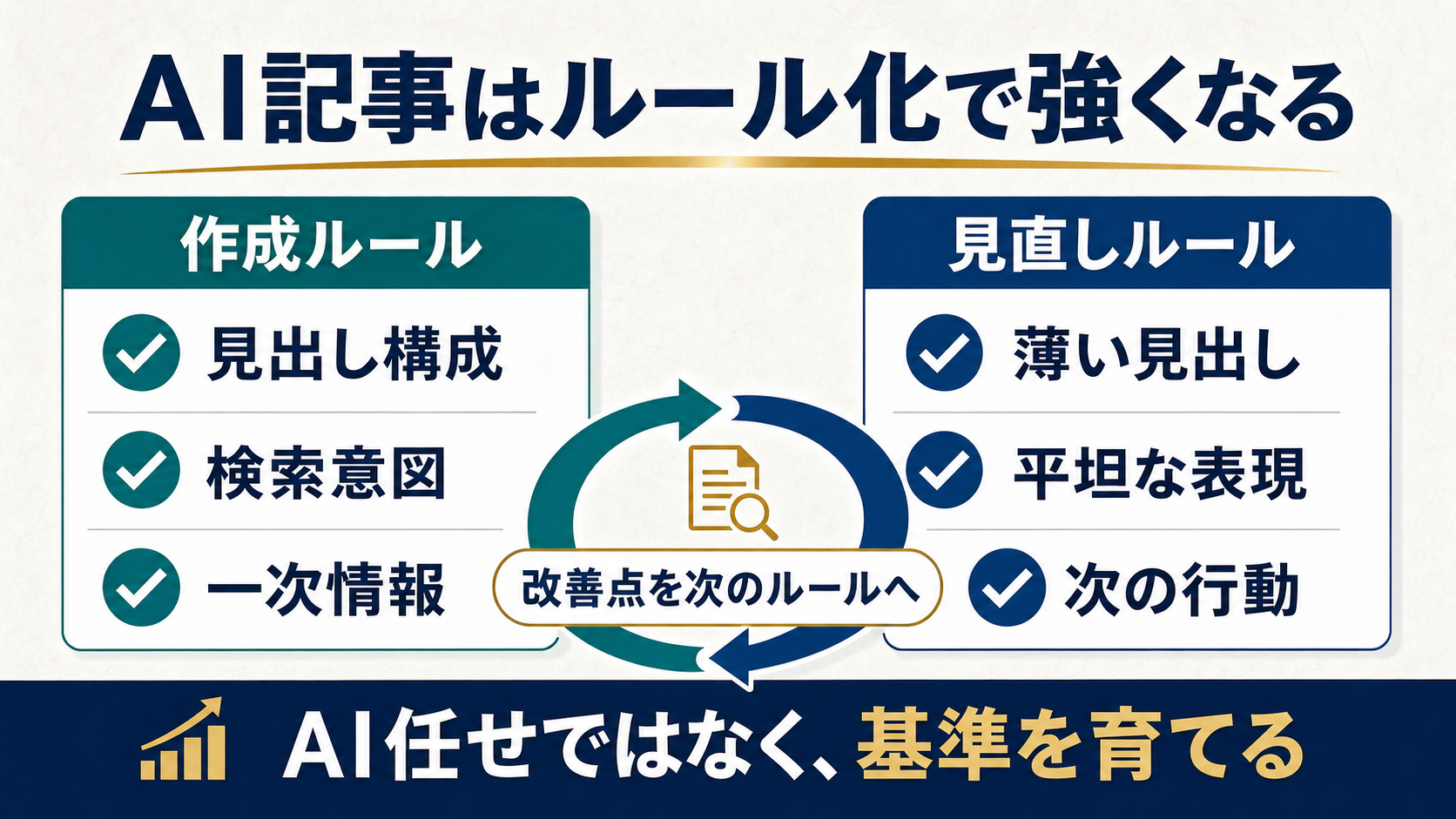 AI記事作成では作成ルールと見直しルールを作ることで初心者でも品質を高められることを示す図解