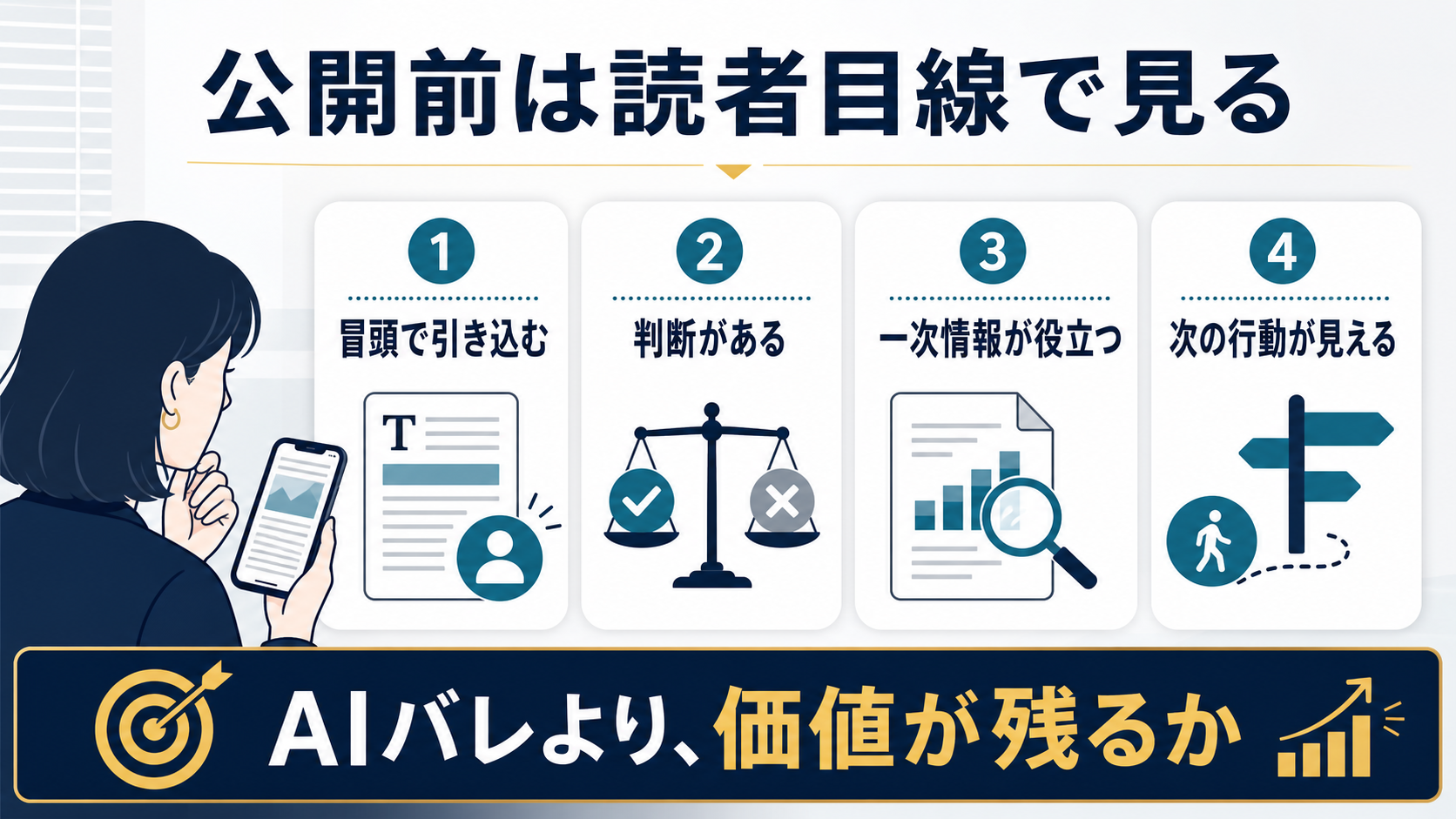 AI記事の公開判断では読者目線で冒頭や判断や一次情報や導線を見ることが大事な図解