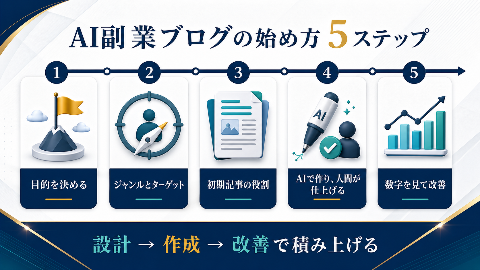 AI副業ブログの始め方を設計、キーワード、初期記事、導線、改善の5ステップで示すロードマップ図解