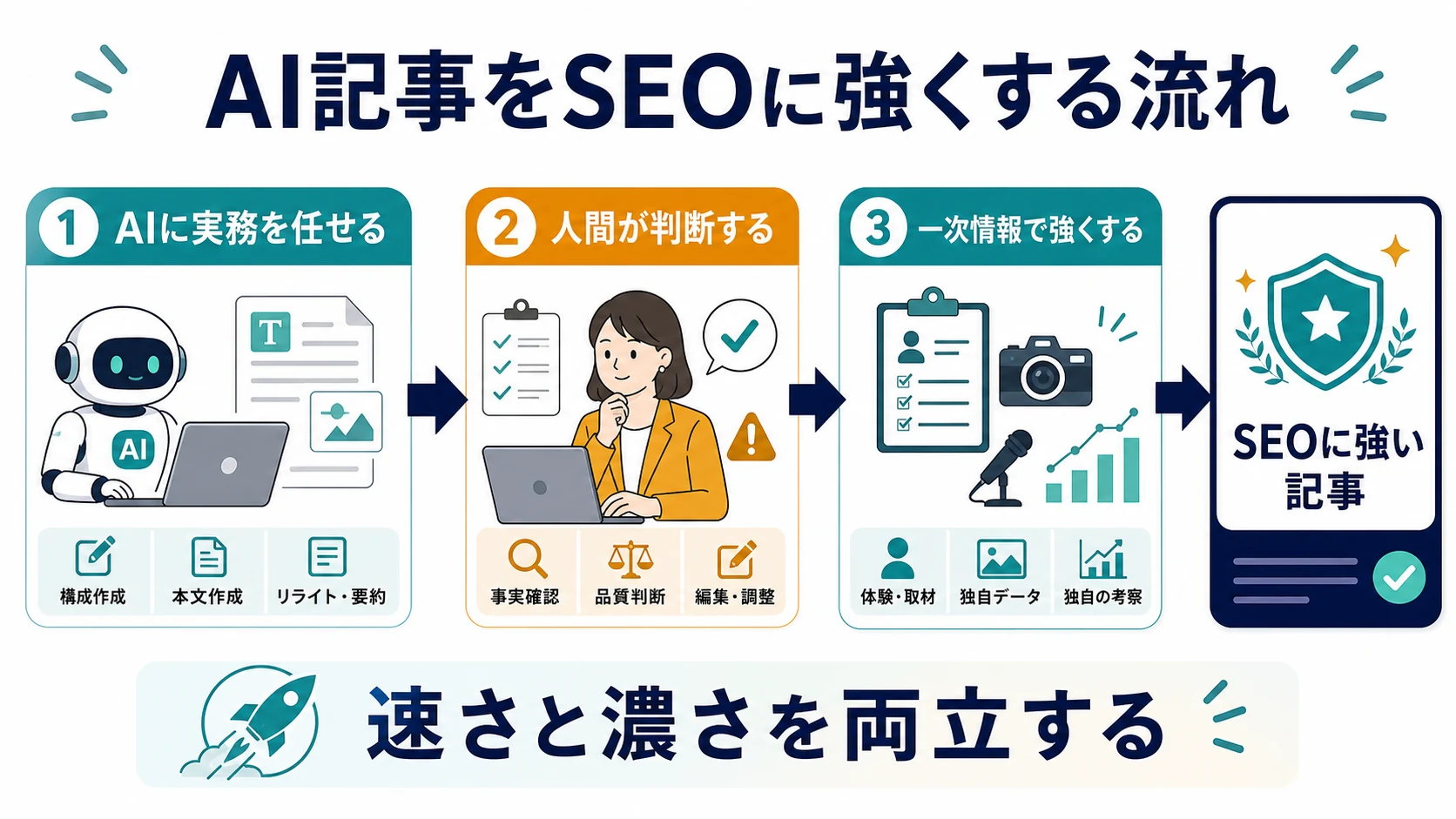 AIに実務を任せ、人間が判断し、一次情報で記事を強くするAI記事SEOの流れ