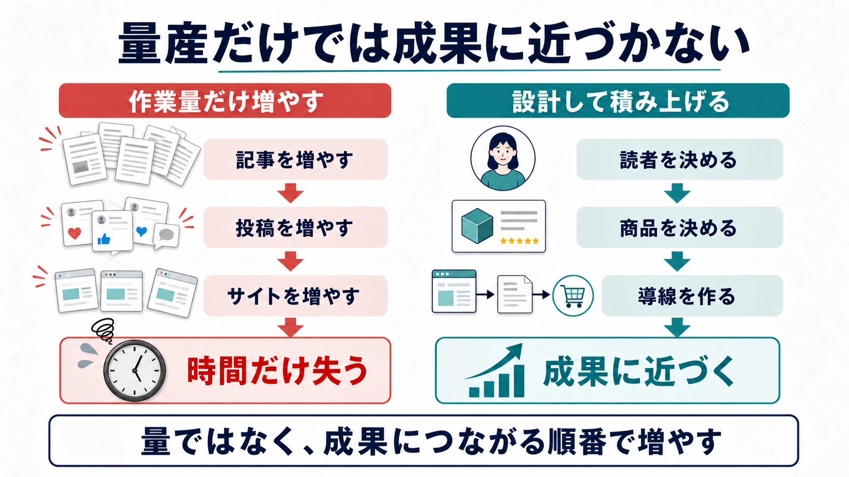 AIアフィリエイトで作業量だけ増やす場合と設計して積み上げる場合を比較した図