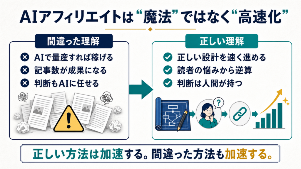 AIアフィリエイトは魔法ではなく正しい方法も間違った方法も高速化することを示す図