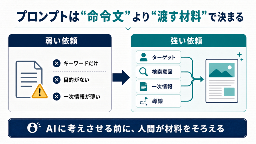 AI記事作成プロンプトは命令文より渡す材料で決まることを示す比較図