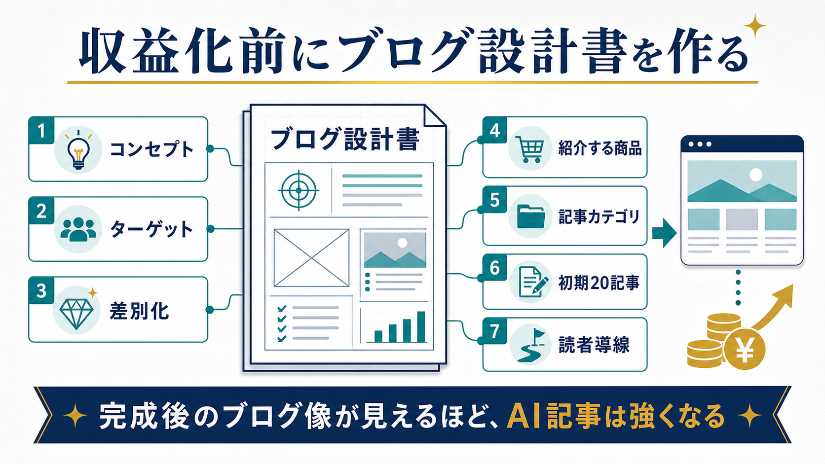AIブログ収益化前に作るブログ設計書の項目を示す図