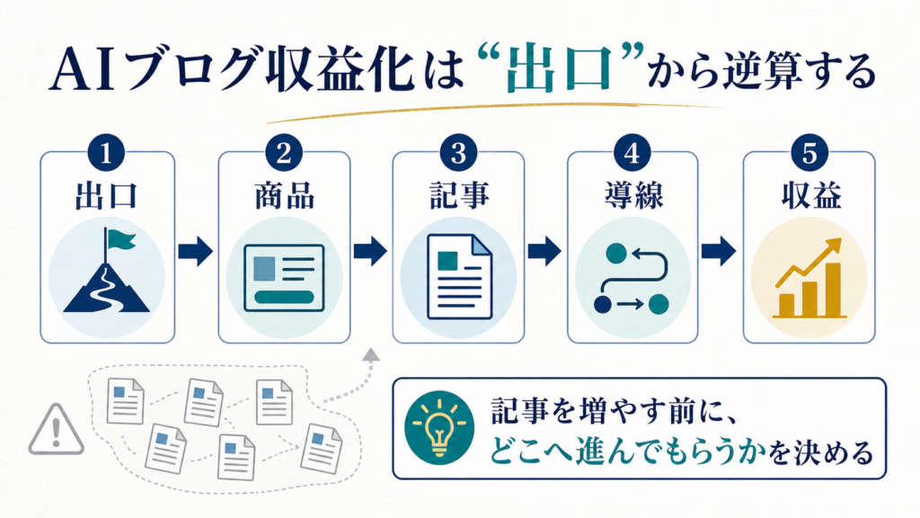 AIブログ収益化は出口から商品 記事 導線 収益へ逆算することを示す図