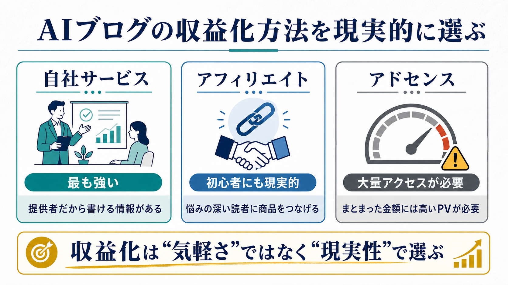 AIブログの収益化方法として自社サービス アフィリエイト アドセンスを比較した図