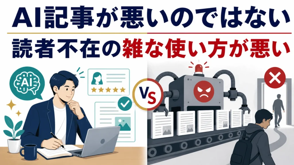 AI記事そのものではなく、読者不在の雑なAI利用が問題であることを示す比較図