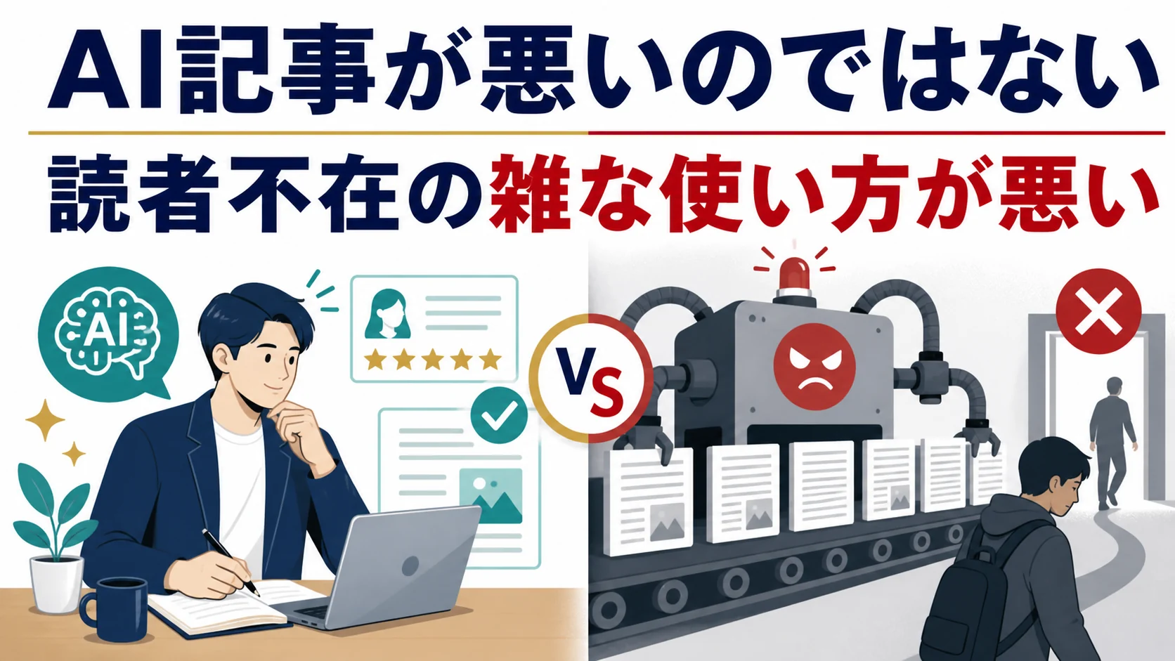 AI記事そのものではなく、読者不在の雑なAI利用が問題であることを示す比較図