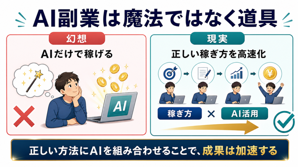 AI副業は魔法ではなく、正しい稼ぎ方を高速化する道具であることを示す図解