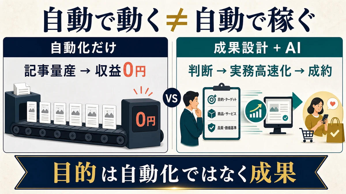 記事を自動量産して収益0円になる仕組みと人間が成果設計をしてAIが実務を高速化する仕組みの比較図