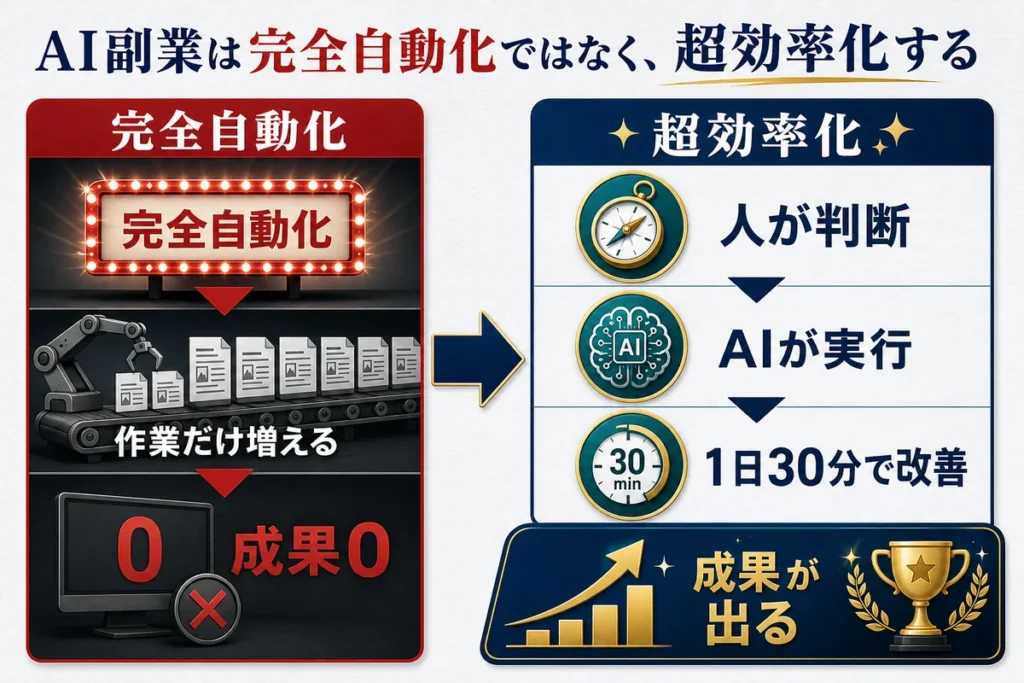 AI副業で完全自動化すると作業だけが増える一方、人が判断しAIが実行する超効率化なら成果へ近づくことを示す比較図