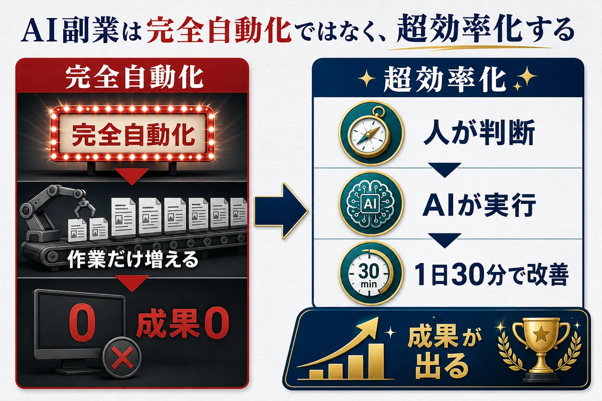 AI副業で完全自動化すると作業だけが増える一方、人が判断しAIが実行する超効率化なら成果へ近づくことを示す比較図