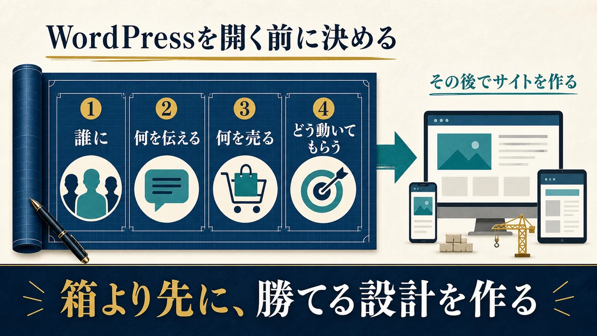 誰に何を伝え何を売りどう動いてもらうかを決めてからブログサイトを作る順番を示す図