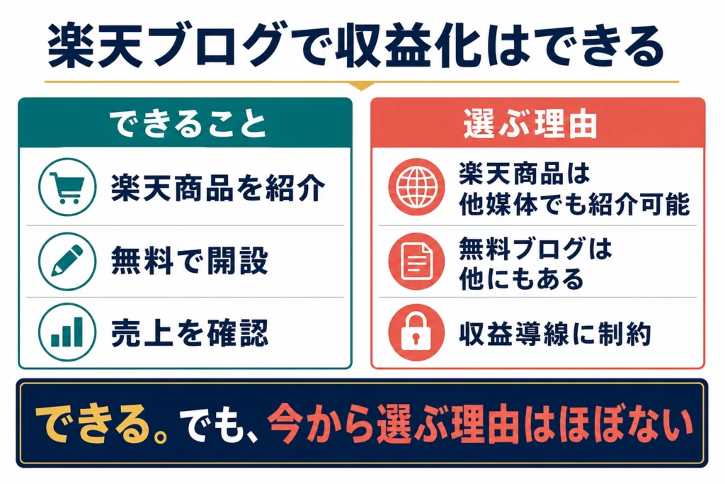 楽天ブログで収益化はできるが今から選ぶ理由はほぼないことを示す比較図