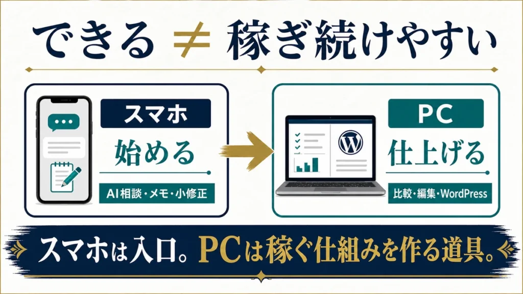 スマホだけでもAI副業は始められるが安定して稼ぎ続けるにはPCとの使い分けが必要だと示す図