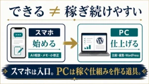 スマホだけでもAI副業は始められるが安定して稼ぎ続けるにはPCとの使い分けが必要だと示す図