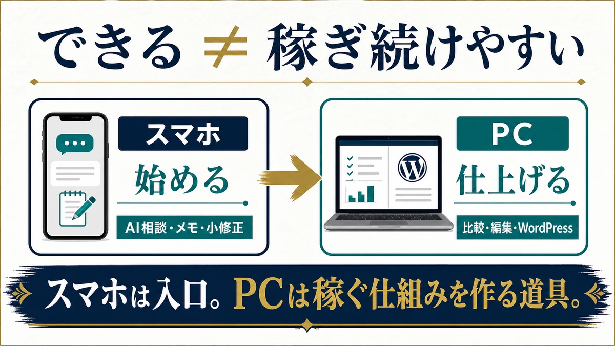 スマホだけでもAI副業は始められるが安定して稼ぎ続けるにはPCとの使い分けが必要だと示す図