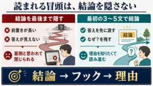 結論を最後まで隠す冒頭と、最初の3〜5文で結論を伝えて読み進めてもらう冒頭の比較図