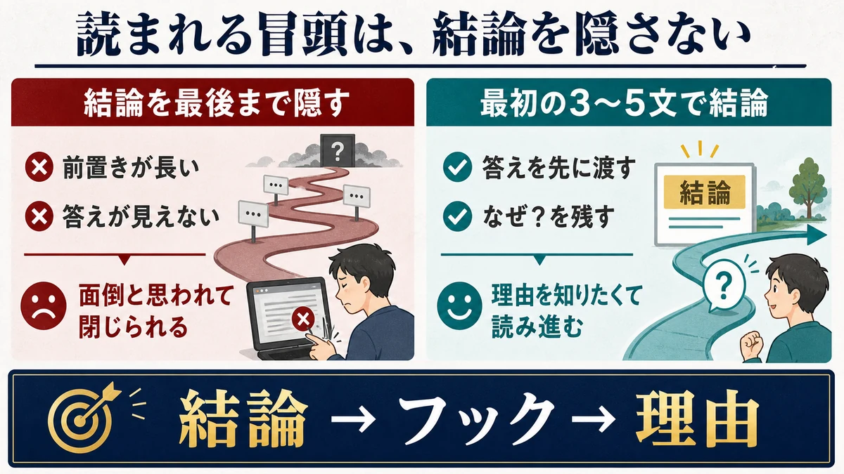 結論を最後まで隠す冒頭と、最初の3〜5文で結論を伝えて読み進めてもらう冒頭の比較図