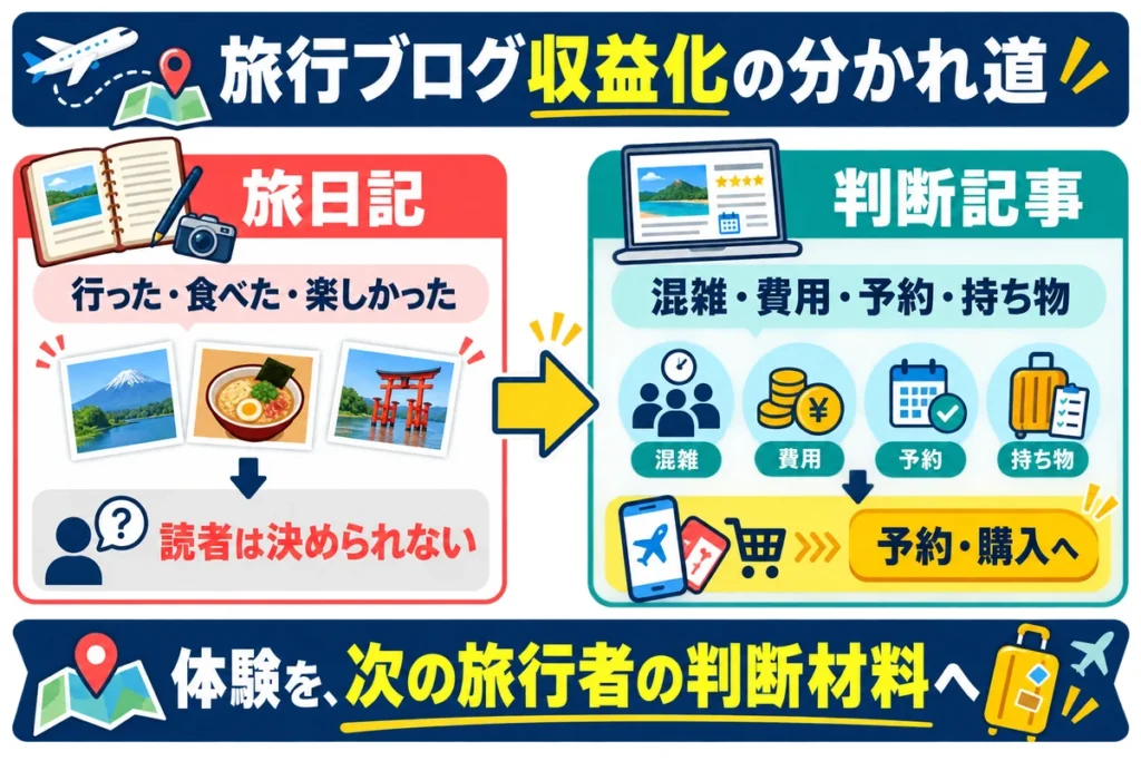 旅日記を混雑・費用・予約・持ち物の判断記事へ変えて予約や購入につなぐ図